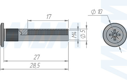Размеры межсекционной стяжки мама М4x27 мм с плоской головкой (артикул FTN M4 X 27 FL MP)
