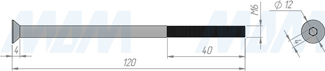 Размеры винта M6x120 мм с потайной головкой под шестигранник (артикул HXS-M6X120-MP)