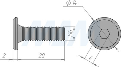 Размер винта М6х20 мм с плоской головкой под шестигранник (артикул HXS M6 X20 FL)