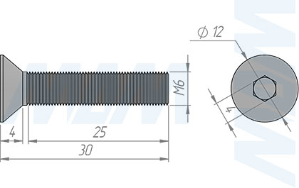 Размеры винта M6x30 мм с потайной головкой под шестигранник (артикул HXS-M6X30-MP)