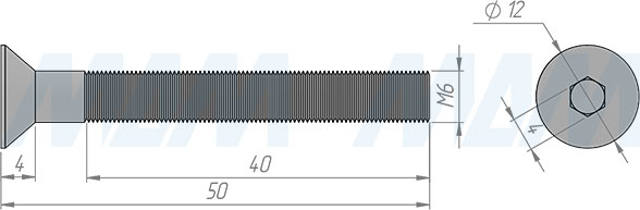 Размеры винта M6x50 мм с потайной головкой под шестигранник (артикул HXS-M6X50-MP)