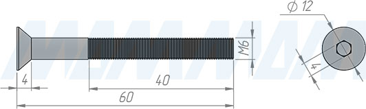 Размеры винта M6x60 мм с потайной головкой под шестигранник (артикул HXS-M6X60-MP)