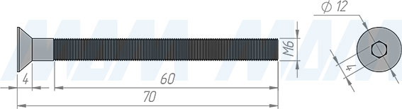Размеры винта M6x70 мм с потайной головкой под шестигранник (артикул HXS-M6X70-MP)