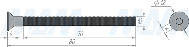 Размеры винта M6x80 мм с потайной головкой под шестигранник (артикул HXS-M6X80-MP)