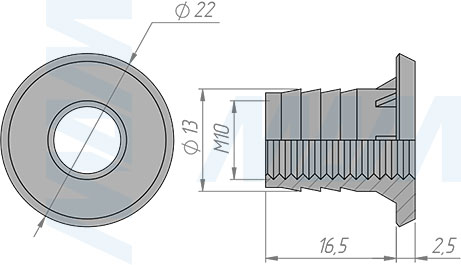 Размеры гайки М8 для мебельной ножки (артикул LN M10 MP)
