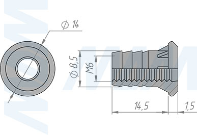 Размеры гайки М6 для мебельной ножки (артикул LN M6 MP)