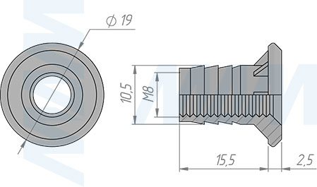 Размеры гайки М8 для мебельной ножки (артикул LN M8 MP)