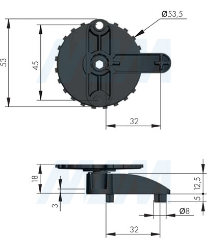 Размеры регулируемого упора SYMETRA с креплением на штоки (артикул P2308264EA)