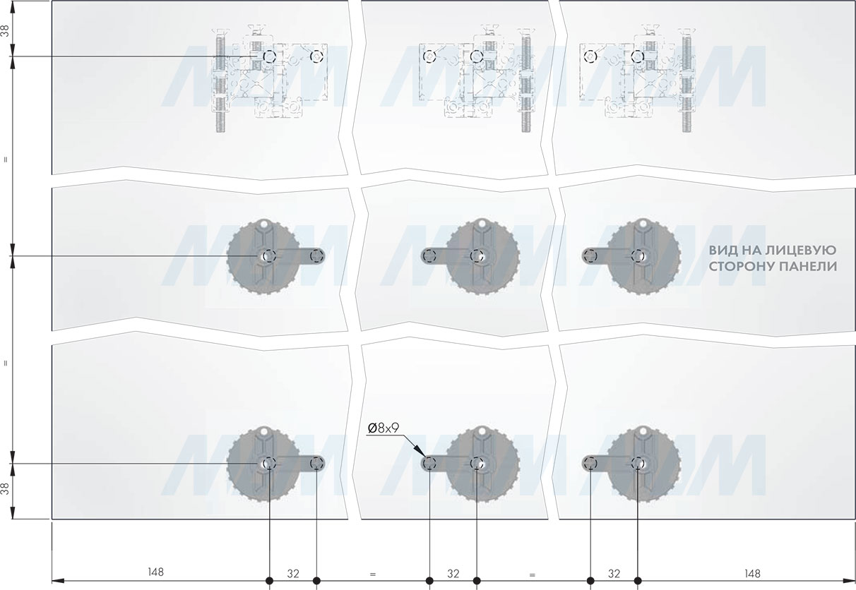 Присадочные размеры для установки регулируемого упора SYMETRA с креплением на штоки (артикул P2308264EA)