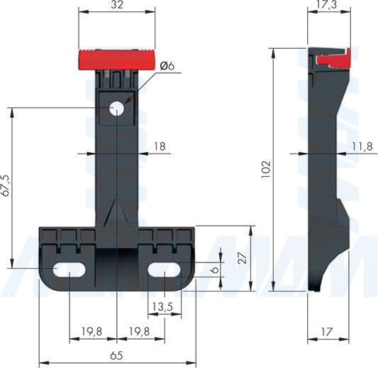 Размеры планки для навесов SYMETRA с системой против опрокидывания (артикул P240702100)