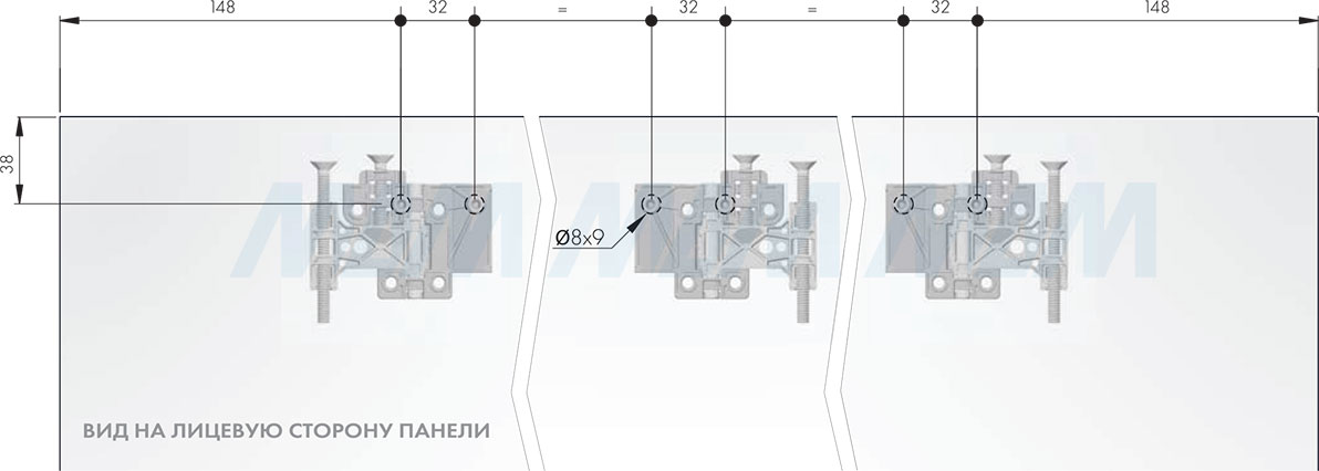 Присадочные размеры для установки мебельного навеса SYMETRA для стеновых панелей с креплением на штоки (артикул P2408184ZN)