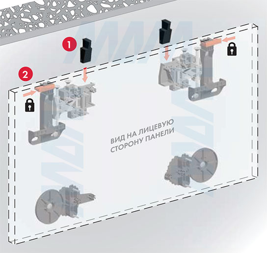 Вид на лицевую сторону панели при фиксации стеновой панели на мебельные навесы SYMETRA (артикул P2502434ZN)
