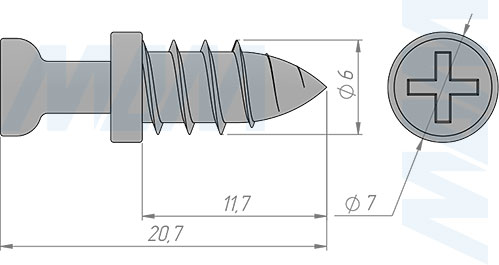 Размеры штока эксцентрика в корпусе, саморез (артикул SB-2X11.S)