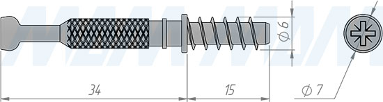 Размеры штока эксцентрика евровинт (34 мм) резьба 15 мм (артикул SB-34X15.E)