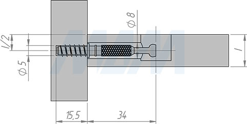 Установка штока эксцентрика евровинт (34 мм) резьба 15 мм (артикул SB-34X15.E), схема 1