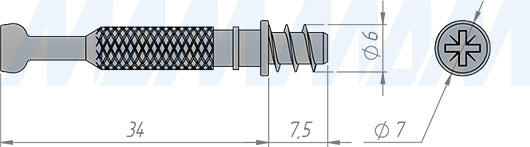 Размеры штока эксцентрика евровинт (34 мм) резьба 7,5 мм (артикул SB-34X7.5.E)