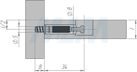 Установка штока эксцентрика евровинт (34 мм) резьба 7,5 мм (артикул SB-34X7.5.E), схема 1