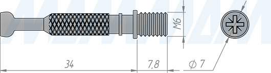 Размеры штока M6 34х7,8 мм для эксцентриковой стяжки D15 мм (артикул SB-34X7.8.M6)