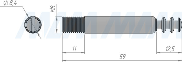 Размеры штока M8х55 мм для эксцентриковой стяжки D35 мм (артикул SB-55X9.M8)