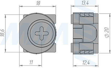 Размеры эксцентрика в квадратном пластиковом корпусе для плиты 16 мм (артикул SE71)