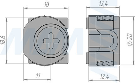 Размеры эксцентрика в квадратном пластиковом корпусе с бортиком для плиты 16 мм (артикул SE74)