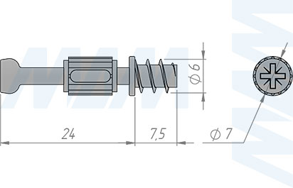 Размеры штока эксцентрика евровинт с пластиковым элементом (24 мм) резьба 7,5 мм (артикул SPB-24X7.5.E)