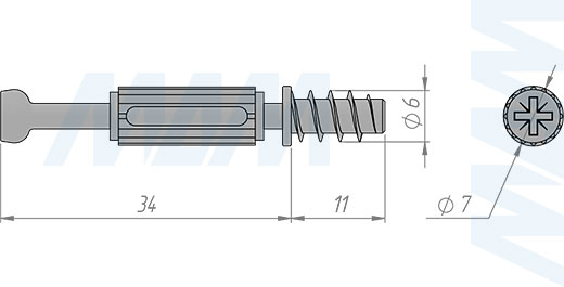 Размеры штока евровинт 34х11 с пластиковым элементом для эксцентриковой стяжки D15 (артикул SPB-34X11.E)