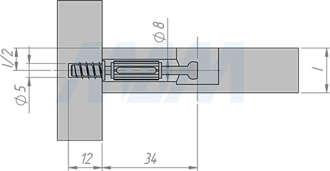 Установка штока евровинт 34х11 с пластиковым элементом для эксцентриковой стяжки D15 (артикул SPB-34X11.E), схема 1