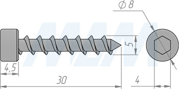 Размеры самореза 5x30 мм с цилиндрической головкой и внутренним шестигранником (артикул SW5,0 X 30 KB)