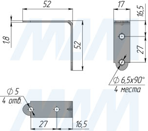 Размеры монтажного уголка, длина 50 мм, ширина 17 мм (артикул У 300)