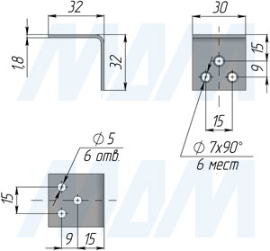 Размеры монтажного уголка, длина 30 мм, ширина 30 мм (артикул У 600)