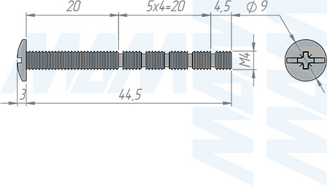 Размеры универсального винта M4х45 мм с полукруглой головкой под крест (артикул ZZ150 M4 X45 MP)