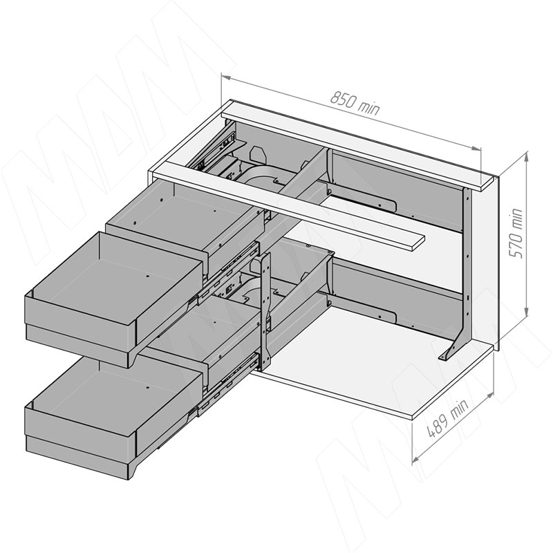 LAMINA Угловой механизм FLYBOX, 2 уровня, 4ре корзины, плавн.закр, универсальный, графит, комплект фото товара 6 - FLYB45LGMNP