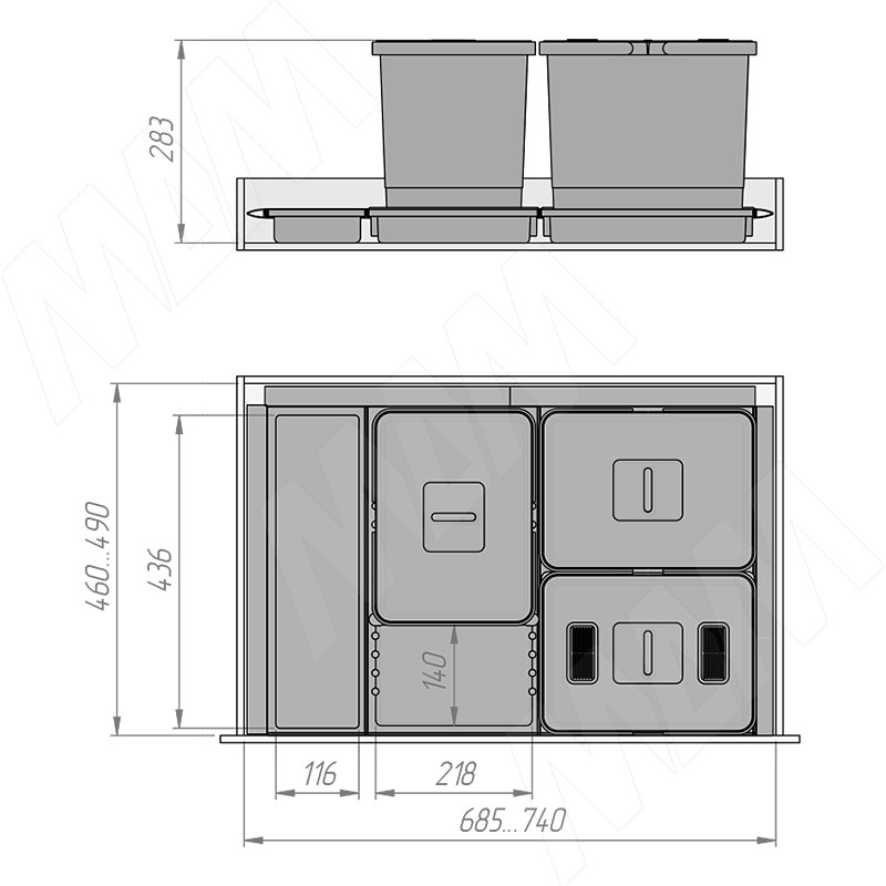 METROPOLIS Система сортировки и хранения, фасад 800мм, 3 емкости с крышкой (15л+15л+15л), цвет серый базальт фото товара 11 - PTC28080507FC97