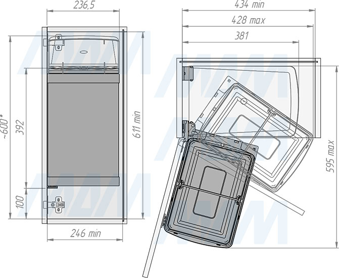 Установка подвесного ведра LINEA 21 л с крышкой для мусора (артикул 6200MT1IX), схема 2
