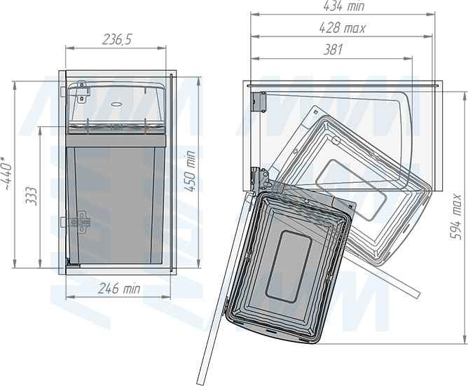 Установка подвесного ведра LINEA 16 л с крышкой для мусора (артикул 6201B31PZ), схема 2