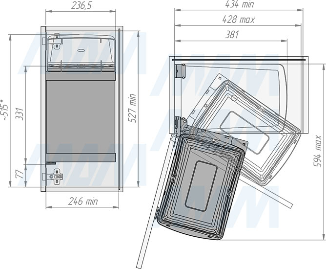Установка подвесного ведра LINEA 16 л с крышкой для мусора (артикул 6201MT1IX), схема 2