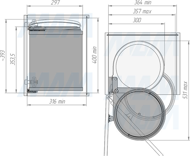 Установка подвесного ведра LINEA 13 л с крышкой для мусора (артикул 6274MT1PZ), схема 2