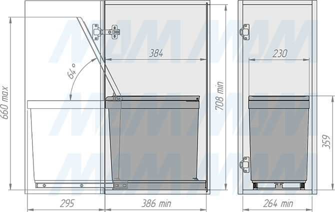 Установка системы LINEA для сортировки и хранения, 2 емкость (14+14 л), нижнее крепление (артикул 6281MT1IX), схема 2