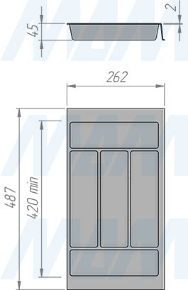 Размеры кухонного лотка COMBI для столовых приборов, 266х420/490 мм (артикул 6710G425PZ)