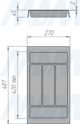 Размеры кухонного лотка COMBI для столовых приборов, 278х420/490 мм (артикул 6712G425PZ)