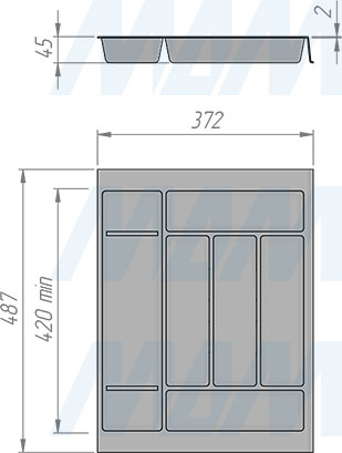 Размеры кухонного лотка COMBI для столовых приборов, 376х420/490 мм (артикул 6714G425PZ)