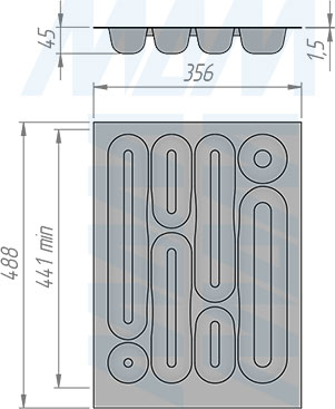 Размеры кухонного лотка DESIGN для столовых приборов для ящика с фасадом 400 мм (артикул 6739B325PZ)
