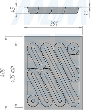Размеры кухонного лотка DESIGN для столовых приборов для ящика с фасадом 450 мм (артикул 6740MT25PZ)