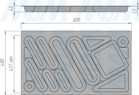 Размеры кухонного лотка DESIGN для столовых приборов для ящика с фасадом 900 мм (артикул 6742B310PZ)