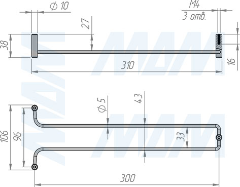 Размеры одинарного бокалодержателя с креплением на винты (артикул B1CR L-300 01)