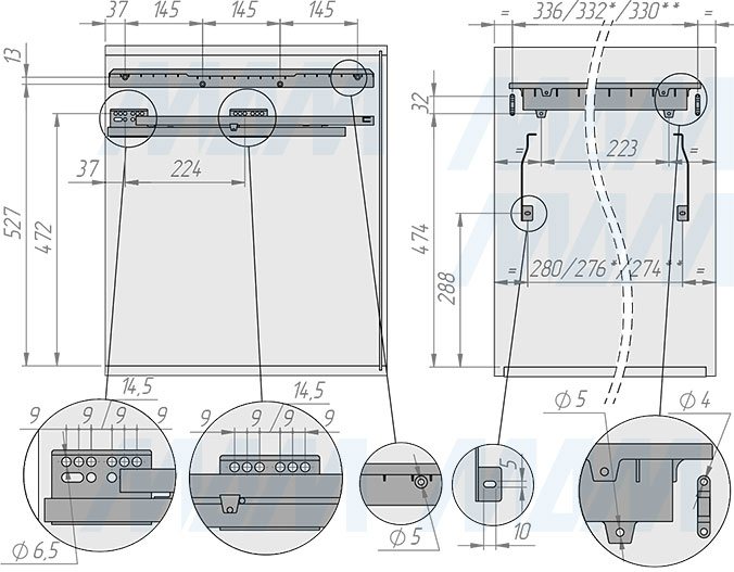 Установка системы PROBOX  LT F40 для сортировки и хранения, 1 емкость (35 л), для фасадов шириной 400 мм (артикул BRD401-35DG), схема 1