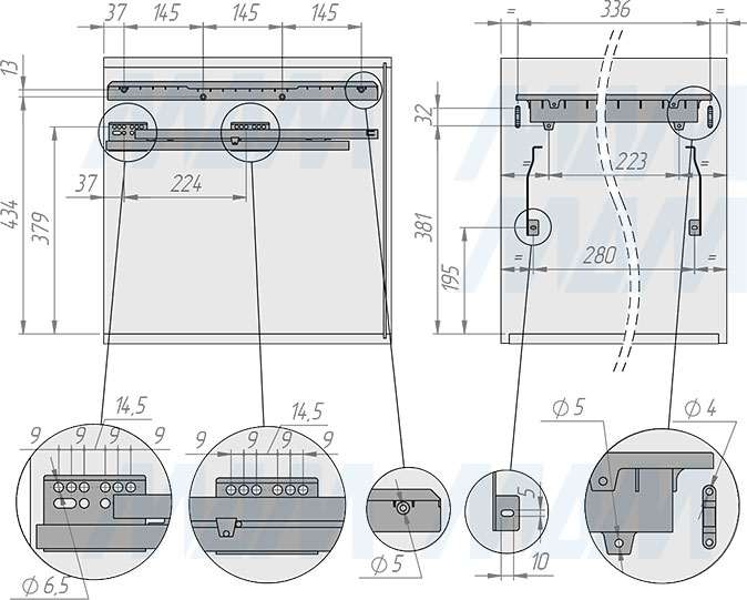 Установка системы PROBOX  LT F40 для сортировки и хранения, 2 емкости (18 л), для фасадов шириной 400 мм (артикул BRD402-36DG), схема 1