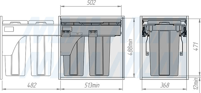 Установка системы PROBOX  LT F40 для сортировки и хранения, 2 емкости (18 л), для фасадов шириной 400 мм (артикул BRD402-36DG), схема 2