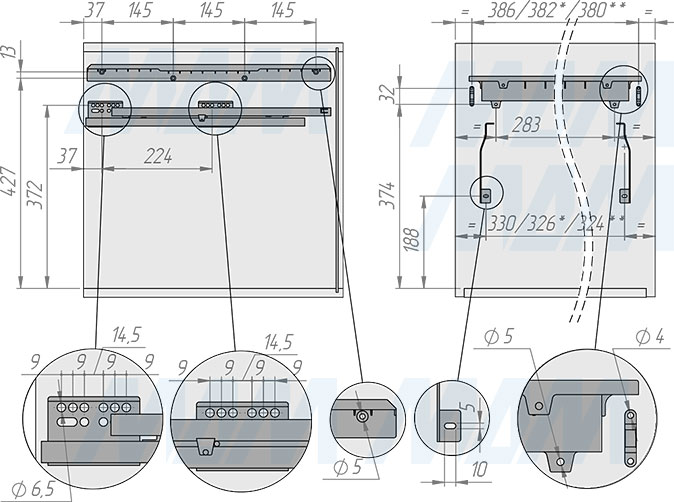 Установка системы PROBOX  LT F45 для сортировки и хранения, 2 емкости (21 л), для фасадов шириной 450 мм (артикул BRD452-42DG), схема 1
